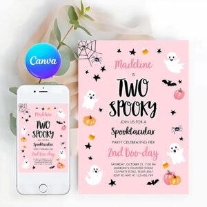 Two Spooky Invitation, Halloween Birthday Invitation, 2nd Pink Ghost Costume Party Girl Pink Kids Two Spooky Party