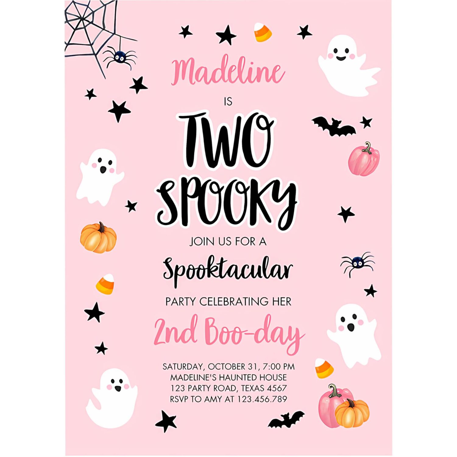 Halloween birthday invitation 2nd pink ghost costume party girl pink kids two spooky party 4