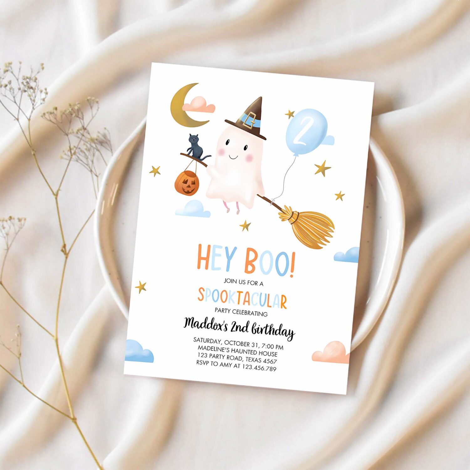 Halloween birthday invitation boy ghost costume party blue kids spooktacular spooky hey boo 1