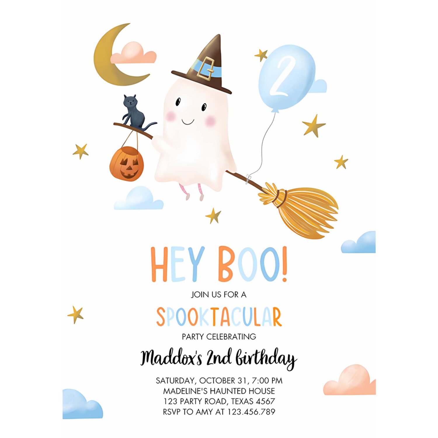 Halloween birthday invitation boy ghost costume party blue kids spooktacular spooky hey boo 4