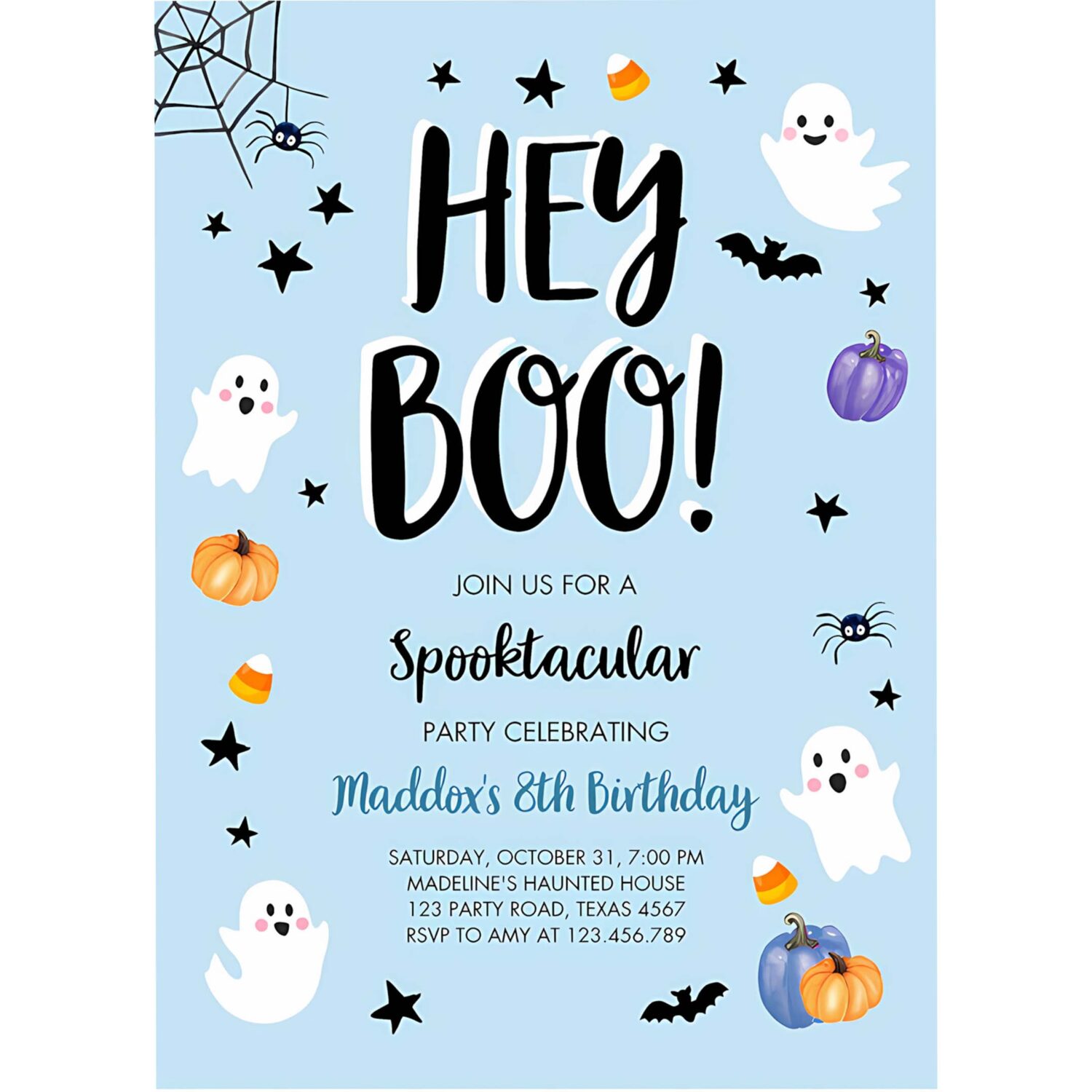 Halloween birthday invitation boy ghost costume party boy blue kids spooktacular spooky 4