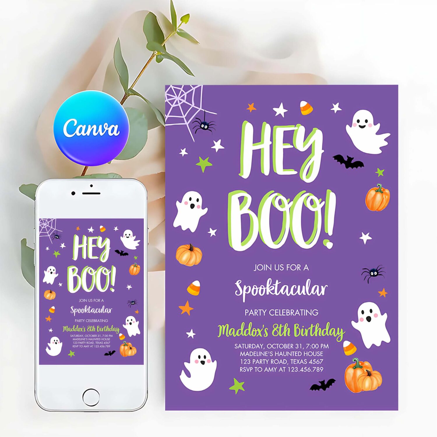 Halloween birthday invitation boy ghost costume party boy purple kids spooktacular spooky
