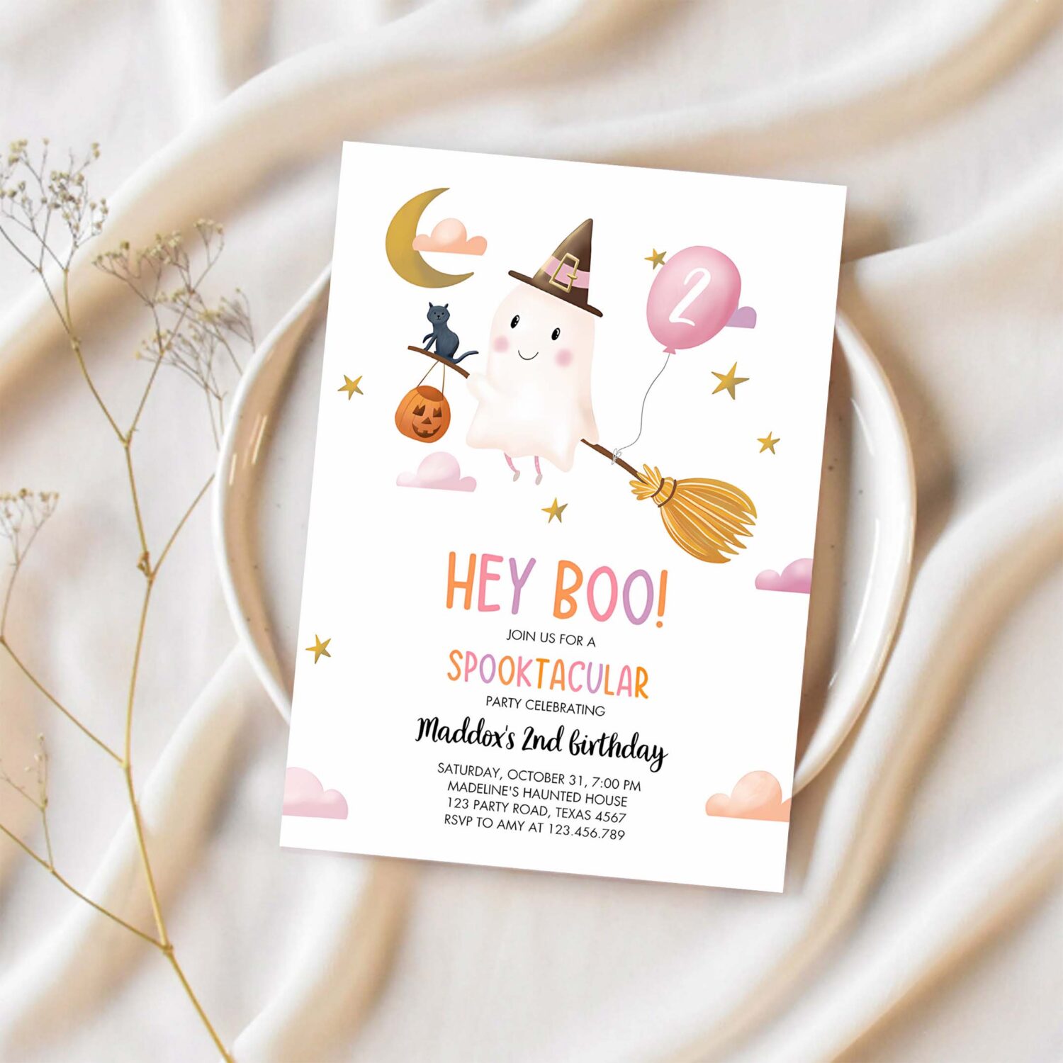 Halloween birthday invitation girl ghost costume party pink kids spooktacular spooky hey boo 1