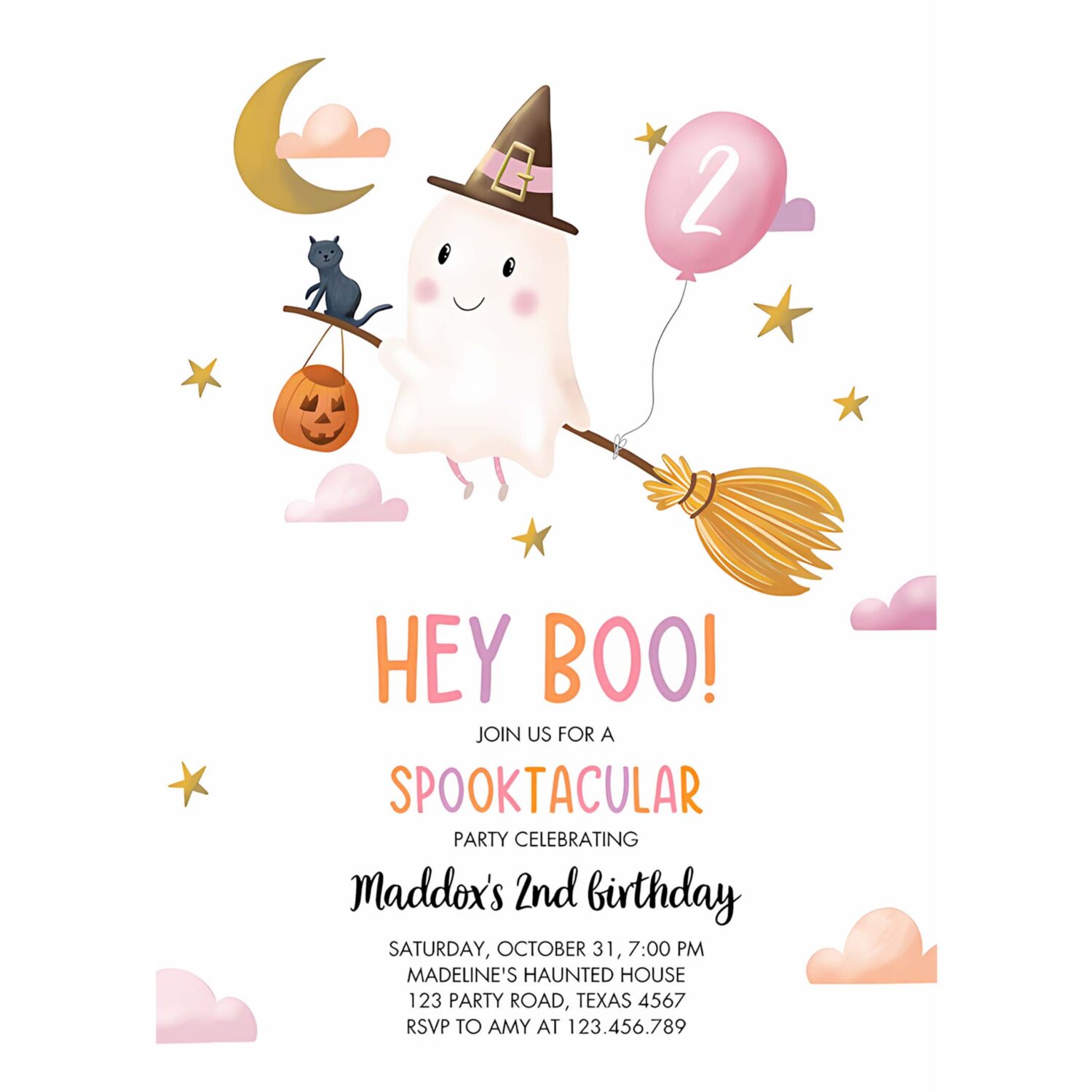 Halloween birthday invitation girl ghost costume party pink kids spooktacular spooky hey boo 4