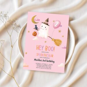 Halloween birthday invitation girl ghost costume party pink spooktacular spooky hey boo 1