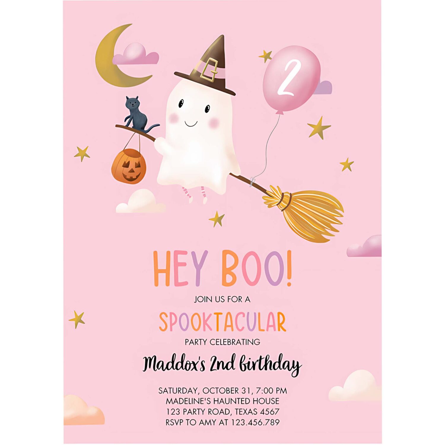 Halloween birthday invitation girl ghost costume party pink spooktacular spooky hey boo 4