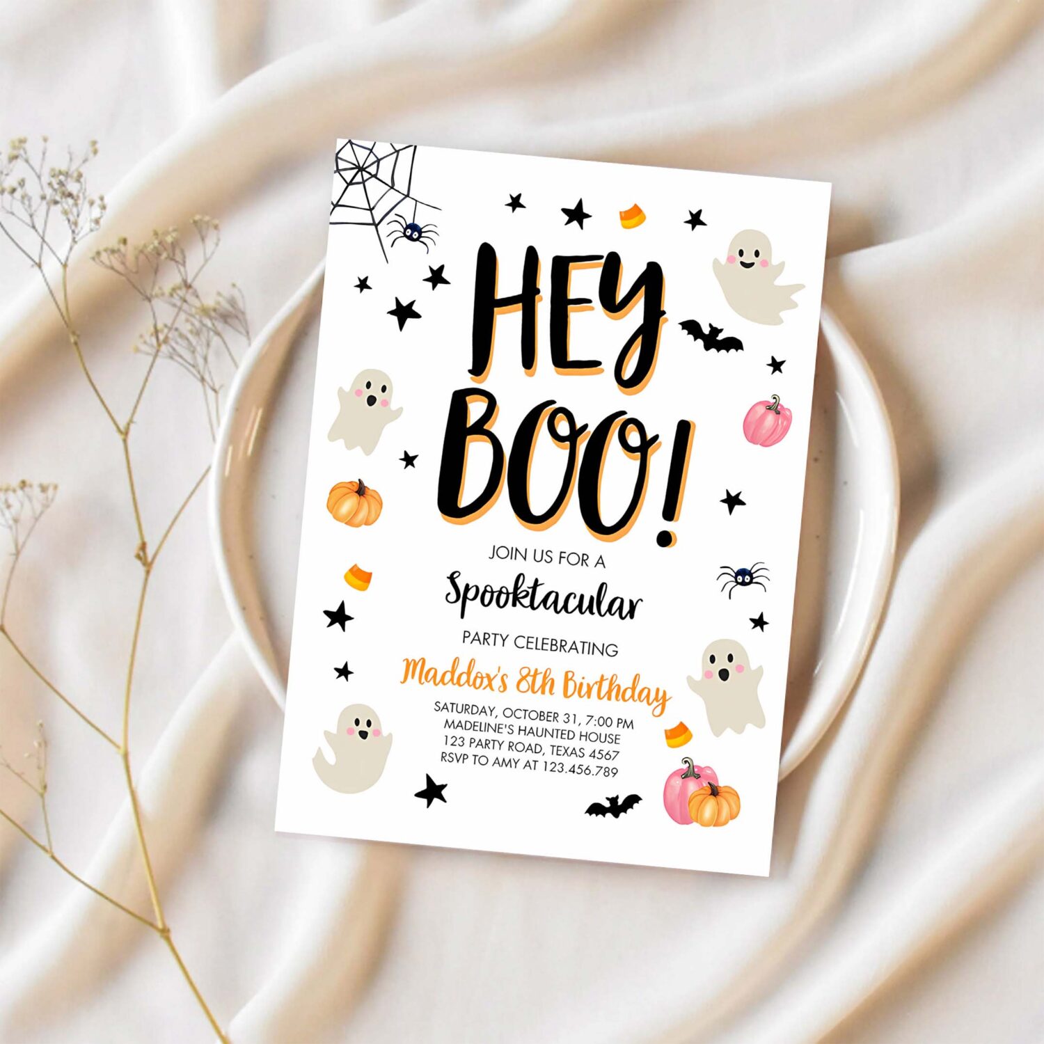 Halloween birthday invitation pink ghost costume party girl pink kids spooktacular spooky 1