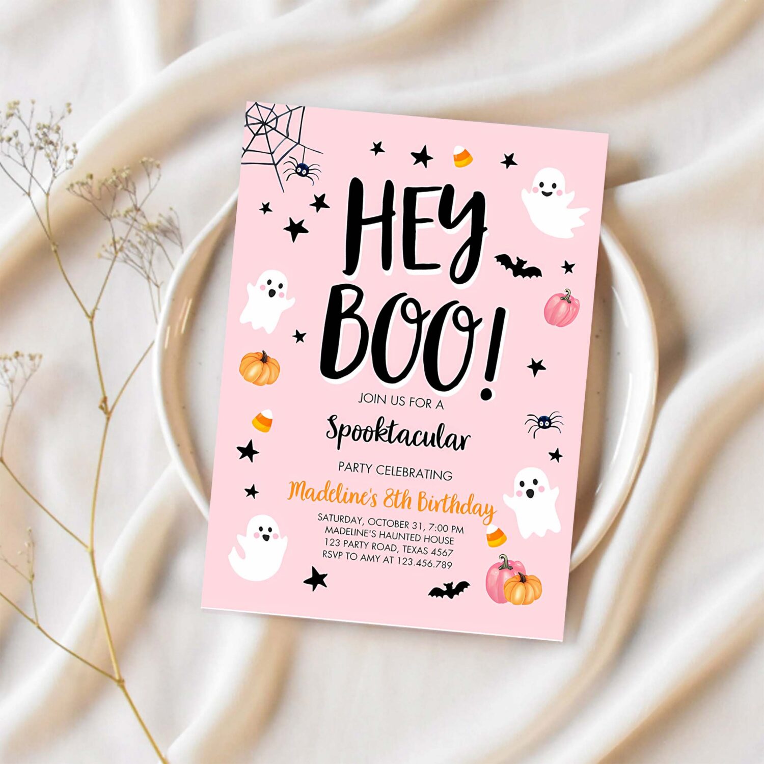 Halloween birthday invitation pink ghost costume party girl pink kids spooktacular spooky hey boo 1