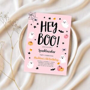 Halloween birthday invitation pink ghost costume party girl pink kids spooktacular spooky hey boo 1