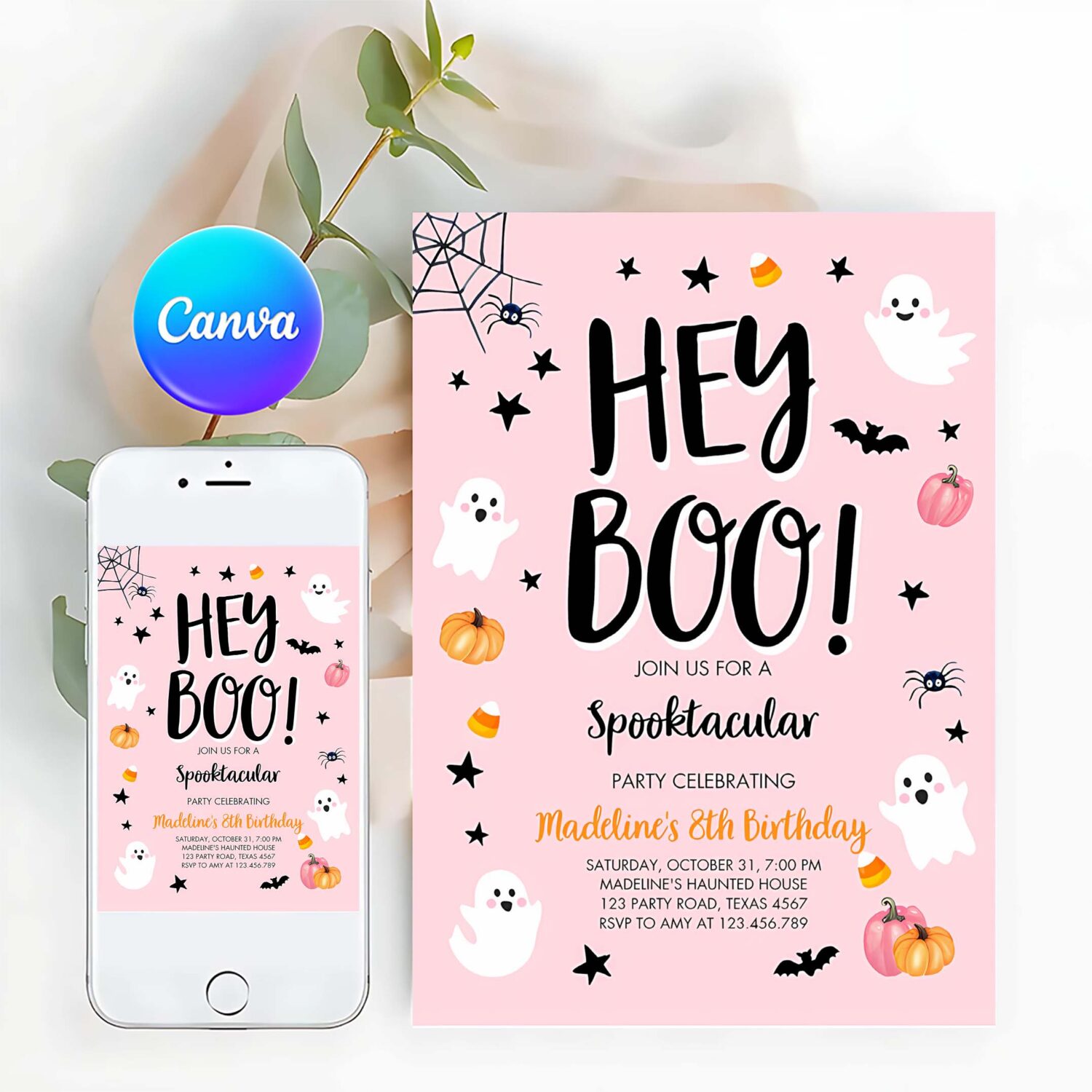 Halloween birthday invitation pink ghost costume party girl pink kids spooktacular spooky hey boo