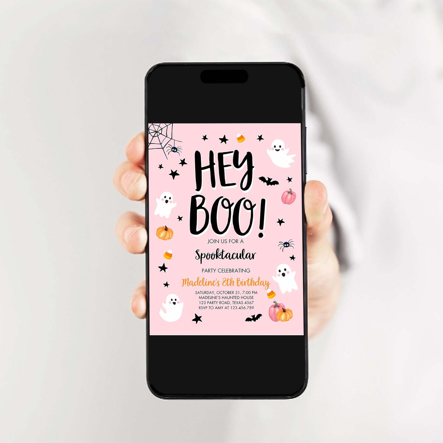 Halloween birthday invitation pink ghost costume party girl pink kids spooktacular spooky hey boo 2
