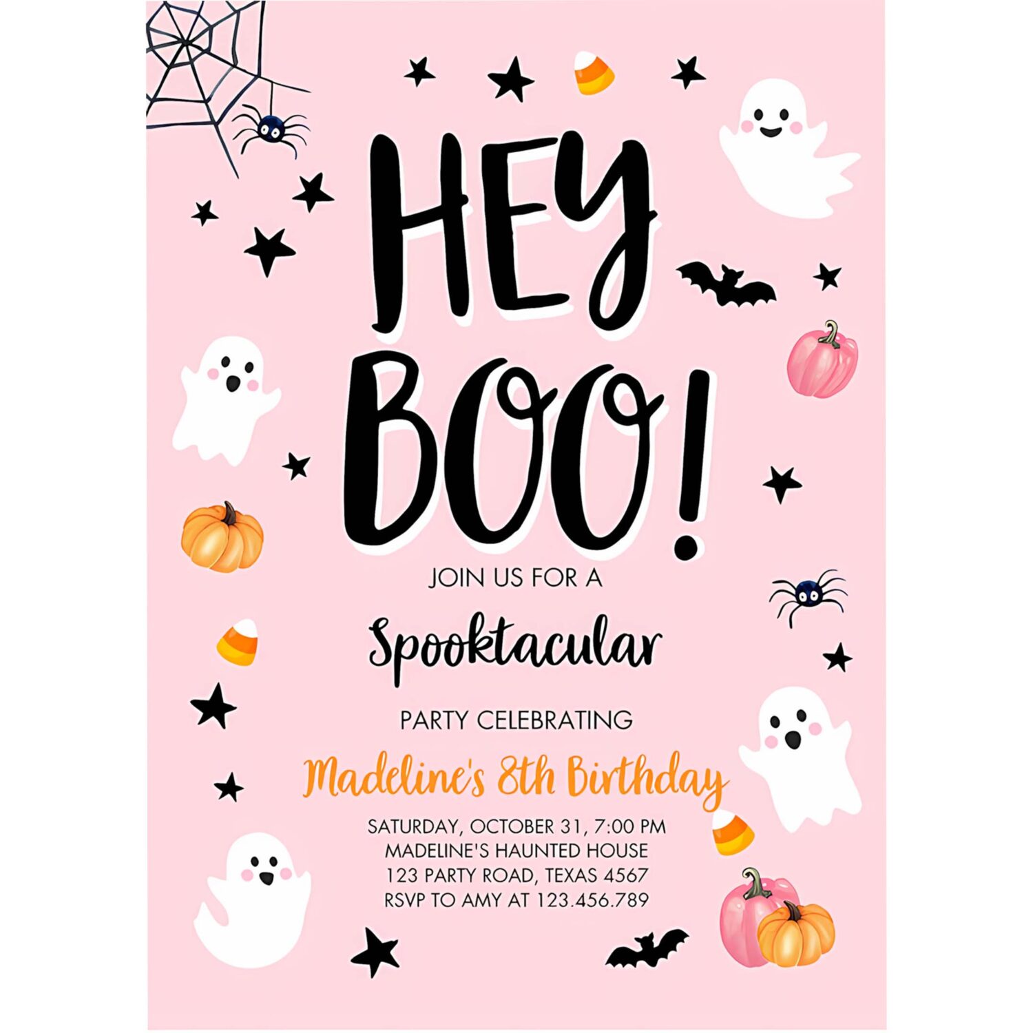Halloween birthday invitation pink ghost costume party girl pink kids spooktacular spooky hey boo 4