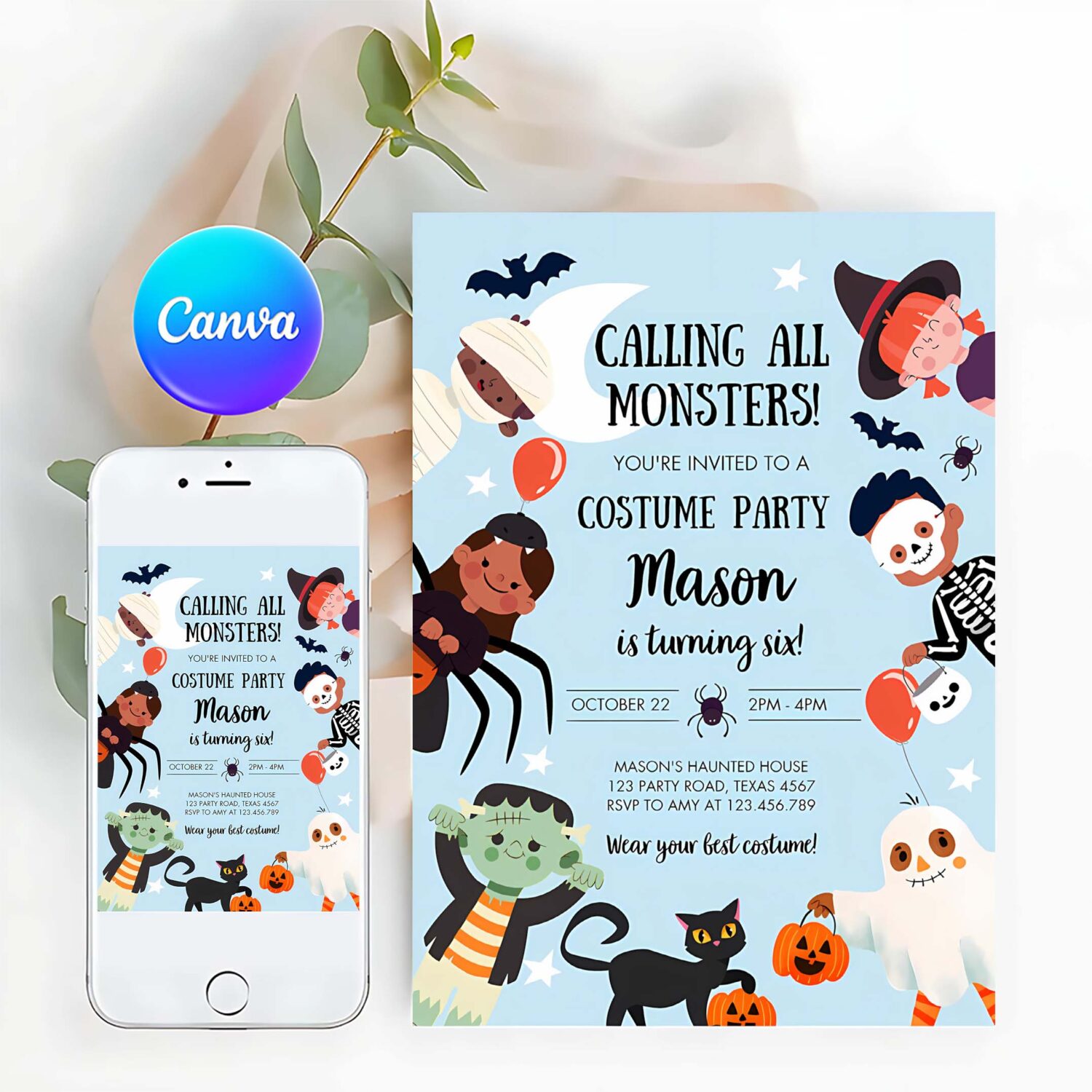 Halloween boy party invitation halloween birthday invitation kids costume party spooky celebration