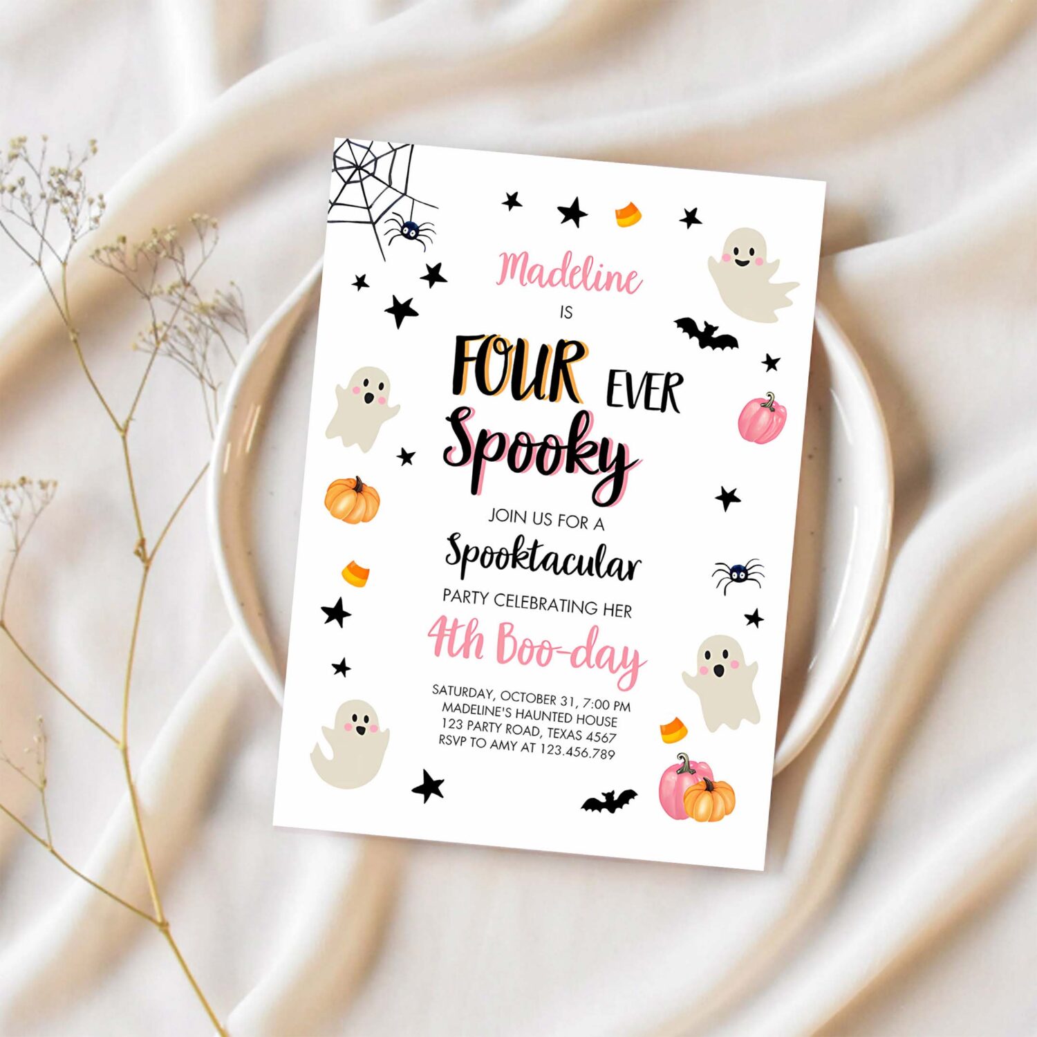 Halloween four ever spooky birthday invitation 4th pink ghost costume party 1