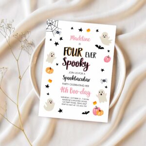 Halloween four ever spooky birthday invitation 4th pink ghost costume party 1