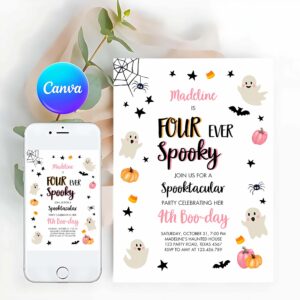 Four Ever Spooky Invitation, Halloween Four Ever Spooky Birthday Invitation, 4th Pink Ghost Costume Party