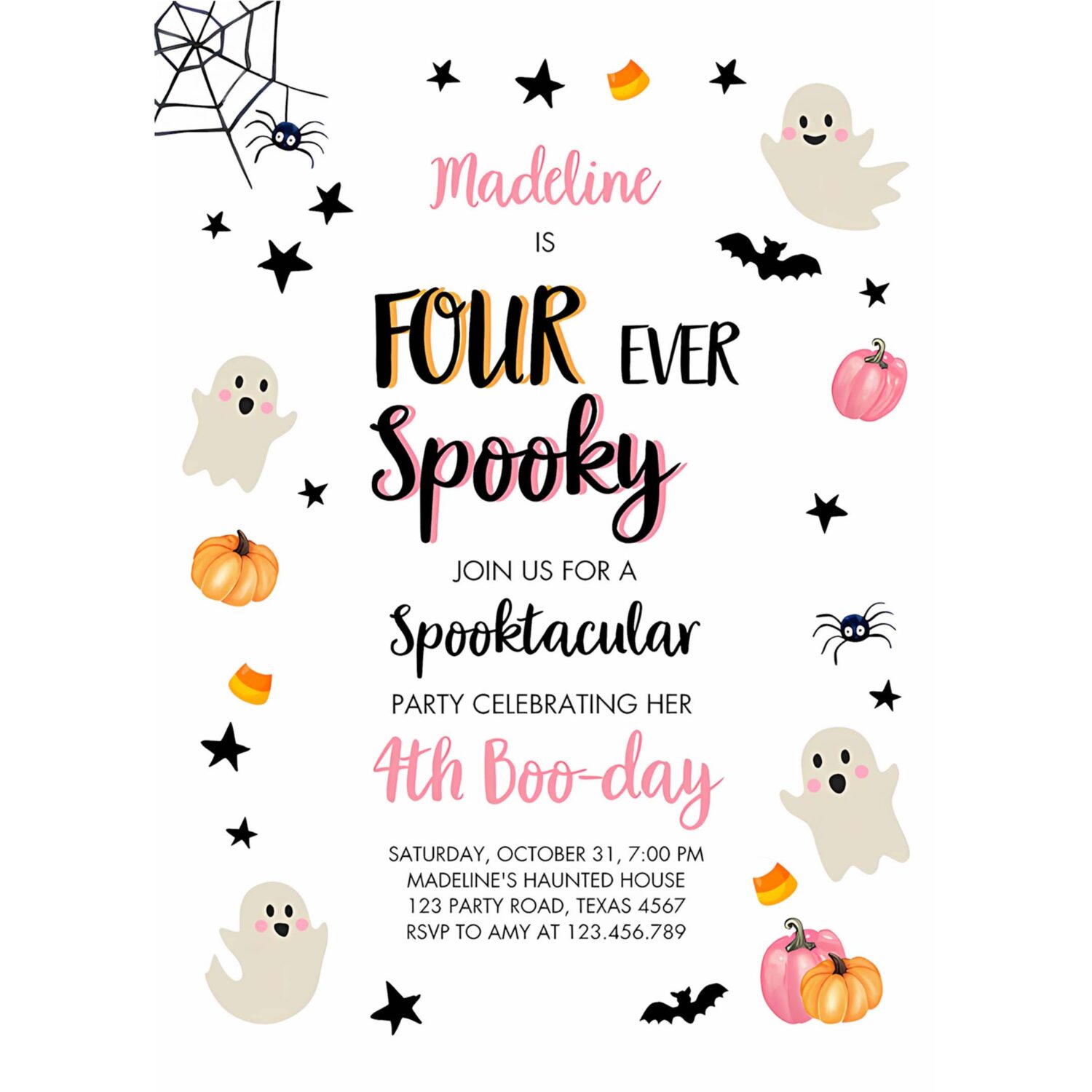 Halloween four ever spooky birthday invitation 4th pink ghost costume party 4