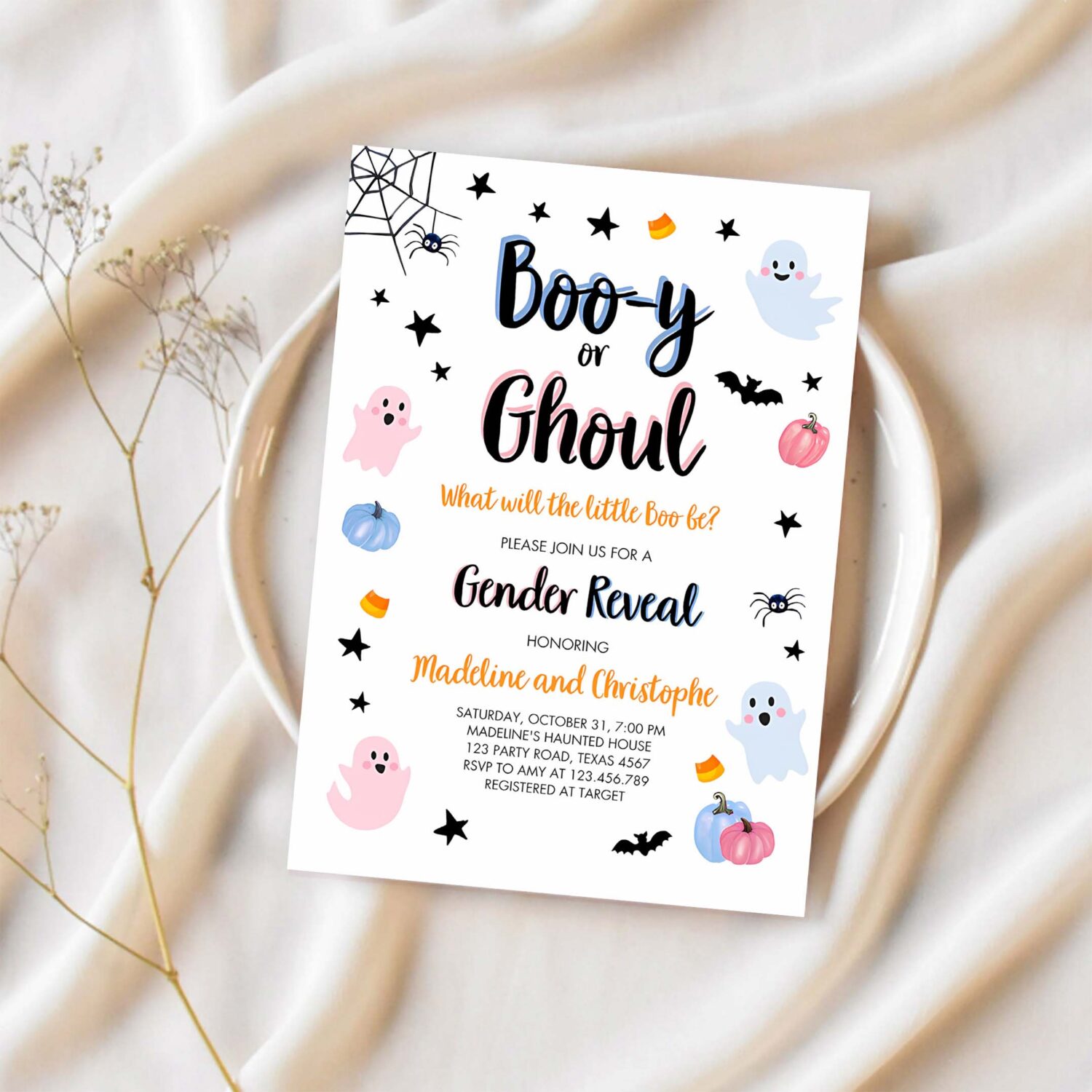 Halloween gender reveal invitation little boo ghost boo y ghoul pink blue ghost halloween reveal 1