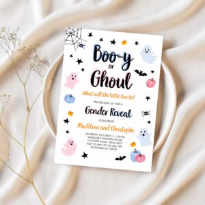Halloween gender reveal invitation little boo ghost boo y ghoul pink blue ghost halloween reveal 1
