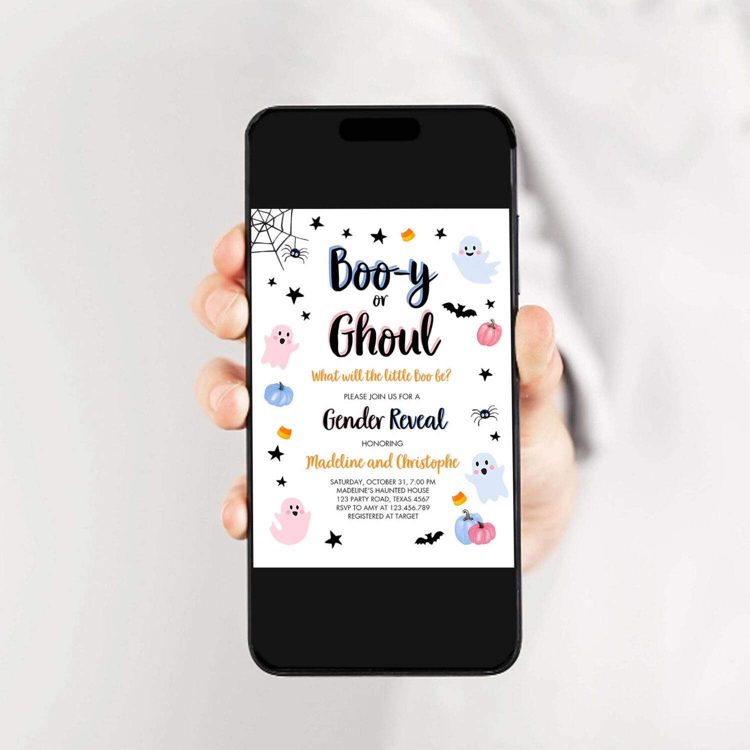 Halloween gender reveal invitation little boo ghost boo y ghoul pink blue ghost halloween reveal 2