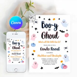 Halloween Gender Reveal Invitation, Halloween Gender Reveal Invitation, Little Boo Ghost Boo-y Ghoul Pink Blue Ghost Halloween Reveal