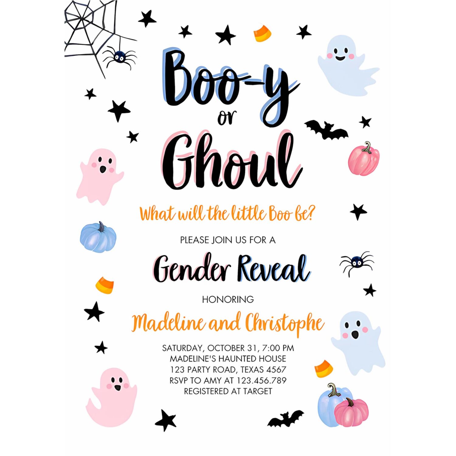 Halloween gender reveal invitation little boo ghost boo y ghoul pink blue ghost halloween reveal 4