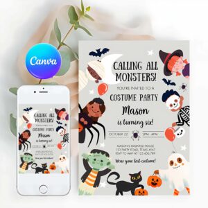 One Spooky Invitation, Halloween Party Invitation, Halloween Birthday Invitation, Kids Costume Party Spooky Celebration Boy