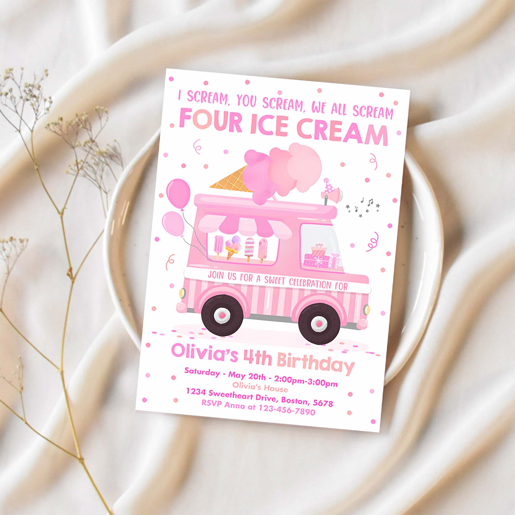 Ice Cream Truck Birthday Invitation I scream You Scream We All Scream Four Ice Cream 4th Birthday Party Invite