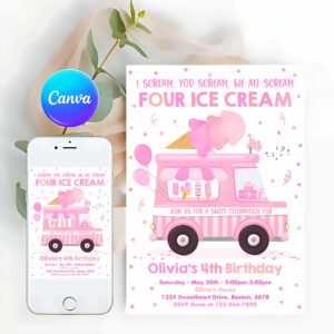 Ice Cream Invitation, Ice Cream Truck Birthday Invitation, I scream You Scream We All Scream Four Ice Cream 4th Birthday Party Invite