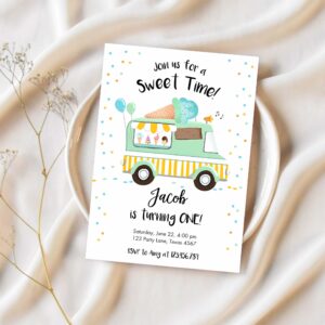 Ice cream truck birthday invitation ice cream birthday party cone boy girl mint yellow summer twin 1