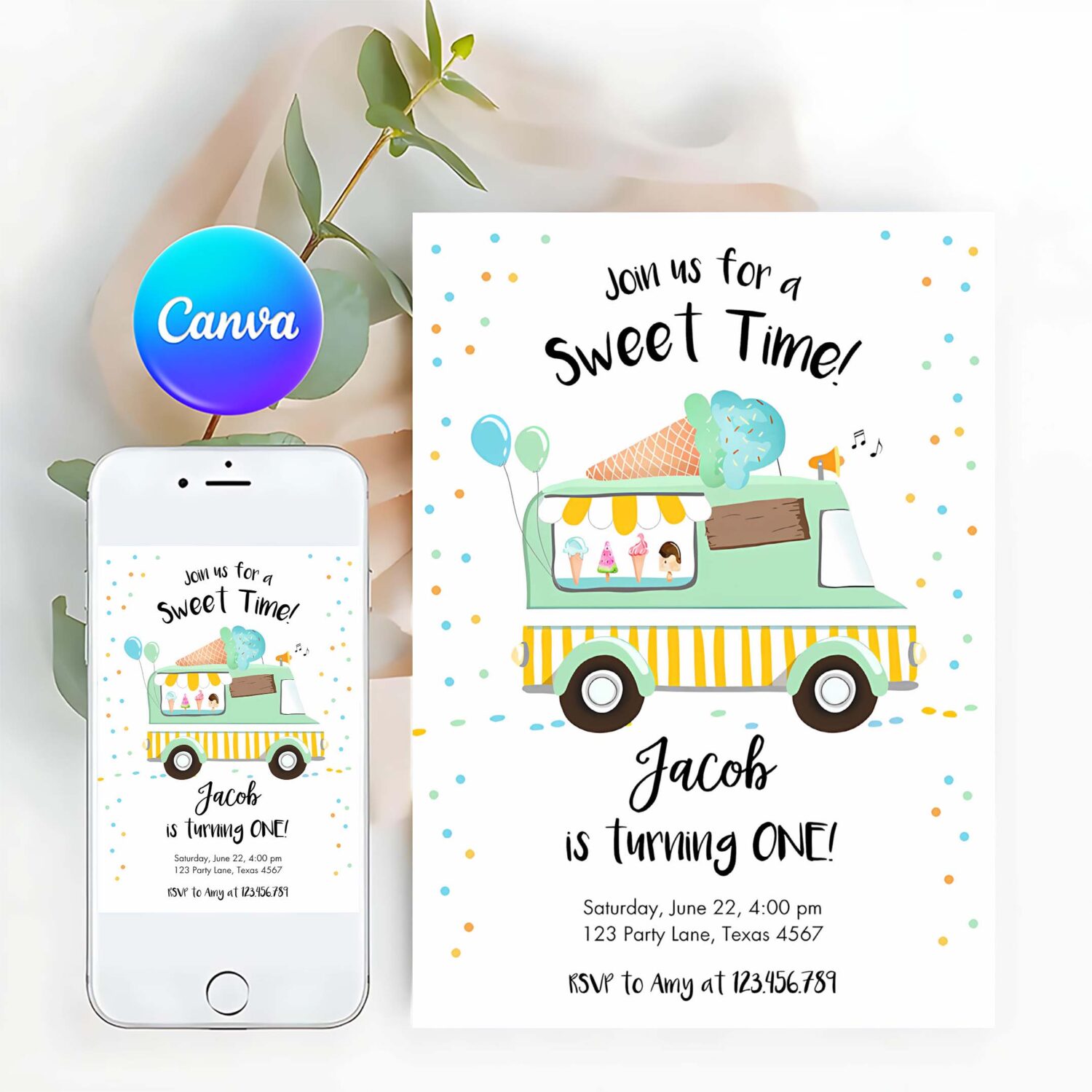 Ice cream truck birthday invitation ice cream birthday party cone boy girl mint yellow summer twin
