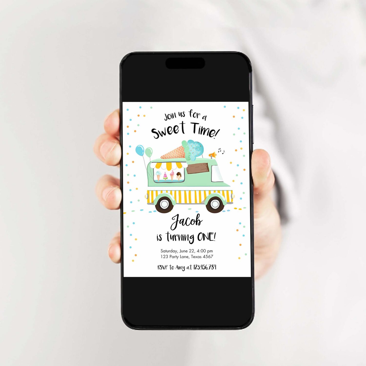 Ice cream truck birthday invitation ice cream birthday party cone boy girl mint yellow summer twin 2