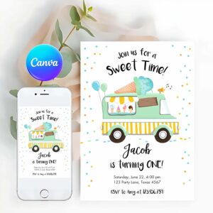 Ice Cream Invitation, Ice Cream Truck Birthday Invitation, Ice Cream Birthday Party Cone Boy Girl Mint Yellow Summer Twin