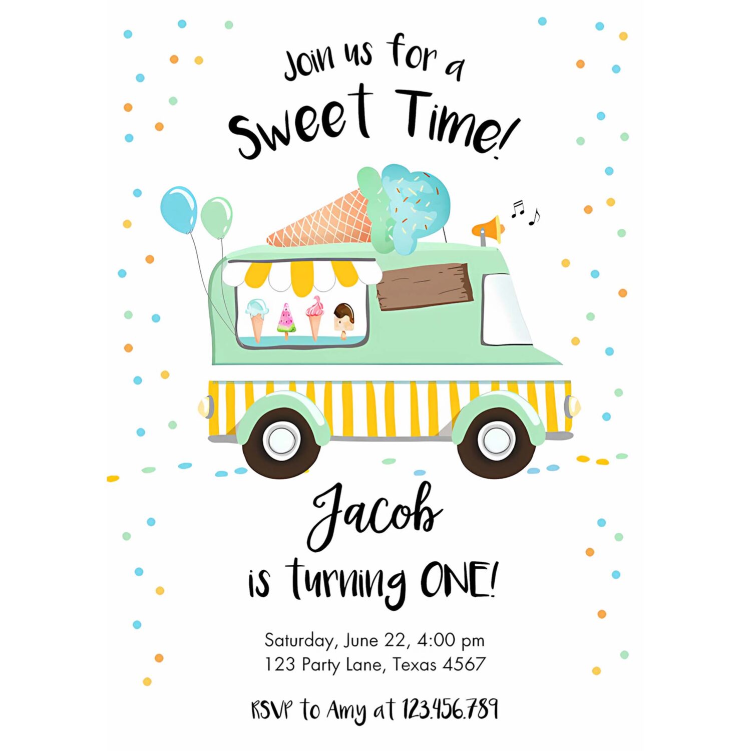 Ice cream truck birthday invitation ice cream birthday party cone boy girl mint yellow summer twin 4