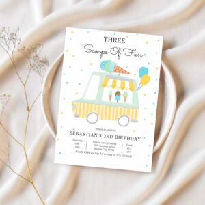 Ice cream truck three scoops of fun 3rd birthday invitation g28u 1