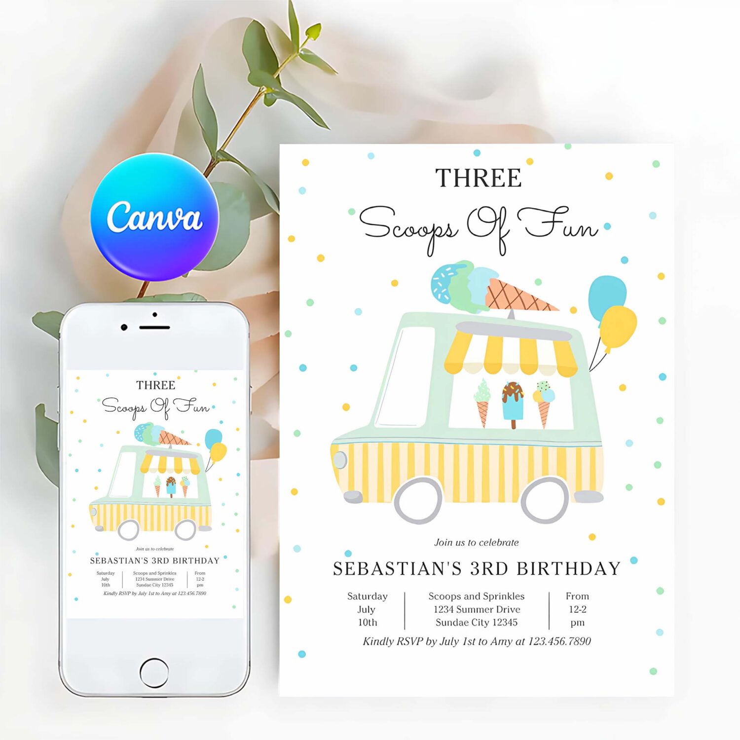 Ice cream truck three scoops of fun 3rd birthday invitation g28u