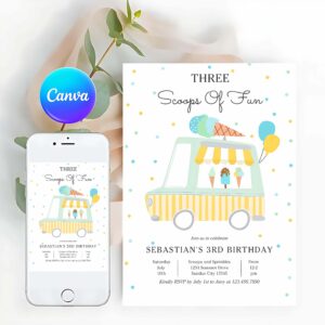 Ice Cream Truck Invitation, Ice Cream Truck Three Scoops Of Fun 3rd Birthday Invitation