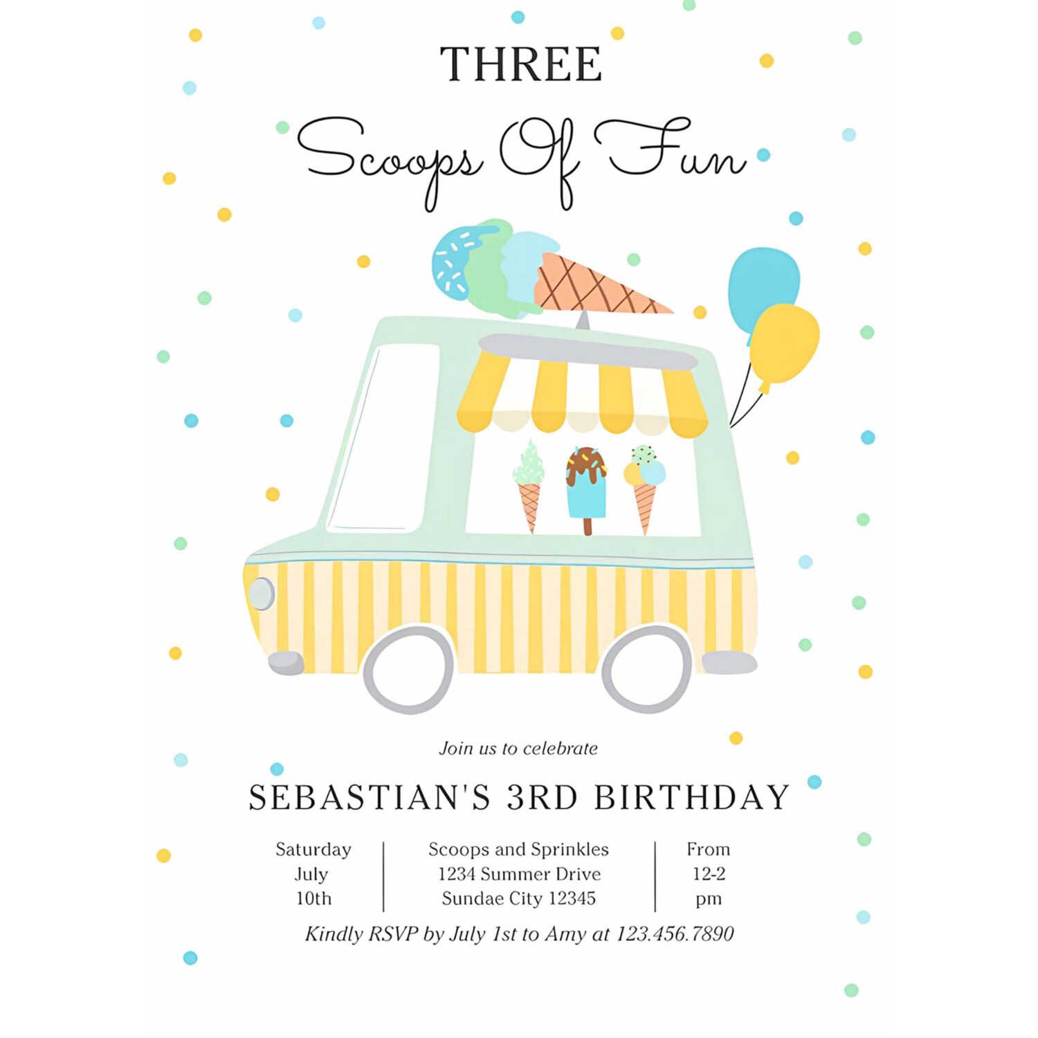 Ice cream truck three scoops of fun 3rd birthday invitation g28u 4