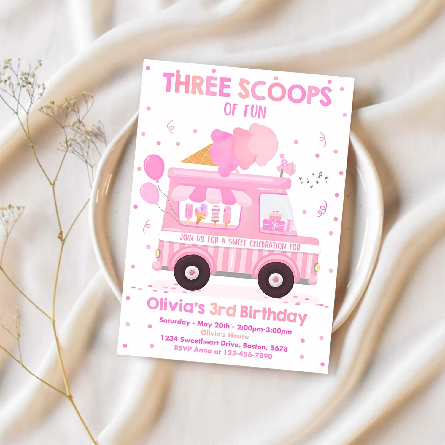 Ice cream truck three scoops of fun 3rd birthday party invitation ice cream 3rd birthday three scoops of fun 1