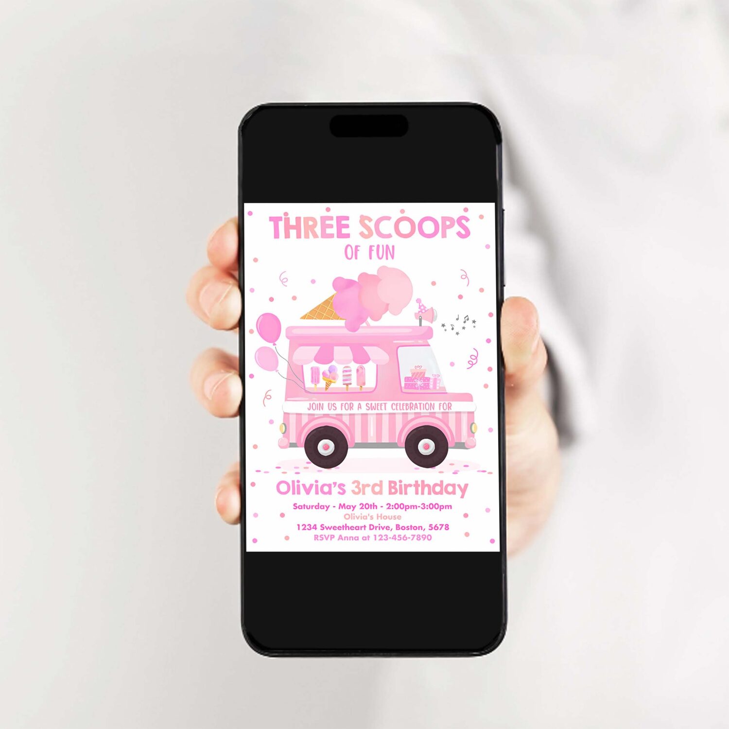 Ice cream truck three scoops of fun 3rd birthday party invitation ice cream 3rd birthday three scoops of fun 2