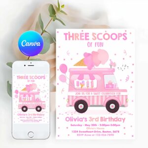 Ice Cream Invitation, Ice Cream Truck Three Scoops Of Fun 3rd Birthday Party Invitation, Ice Cream 3rd Birthday Three Scoops Of Fun