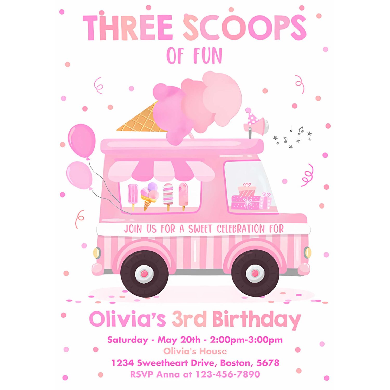 Ice cream truck three scoops of fun 3rd birthday party invitation ice cream 3rd birthday three scoops of fun 4