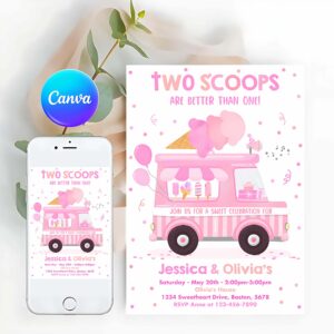 Ice Cream Invitation, Ice Cream Truck Twin Birthday Invitation, Twin Ice Cream Birthday Invitation, Two Scoops Are Better Than One Twin