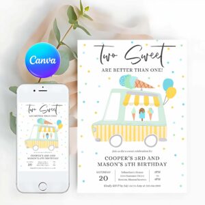 Ice Cream Invitation, Ice Cream Twin Birthday Invitation, Twin Ice Cream Truck Birthday Invitation, Two Scoops Are Better Than One