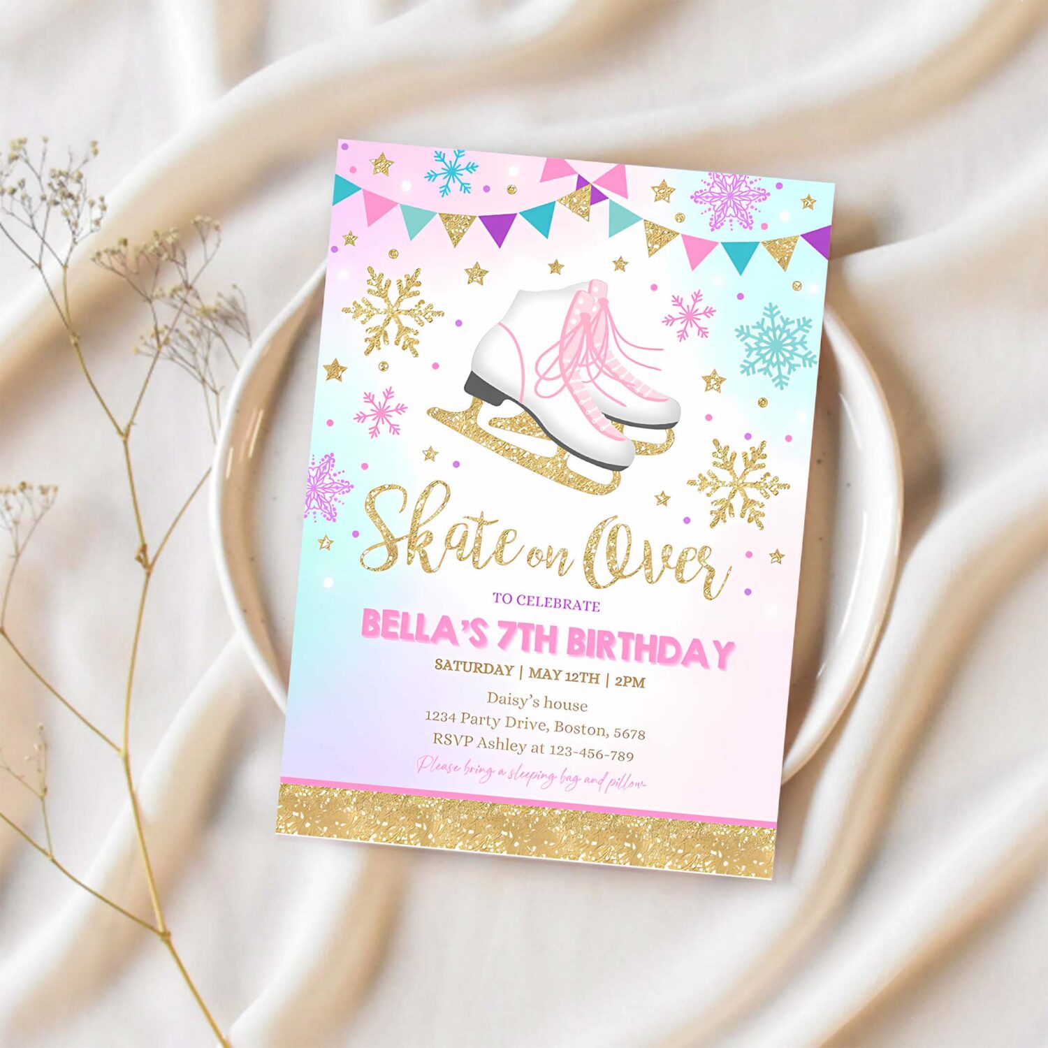 Ice skating invitation ice skating birthday invite pink gold ice skating party skate party skating party 1
