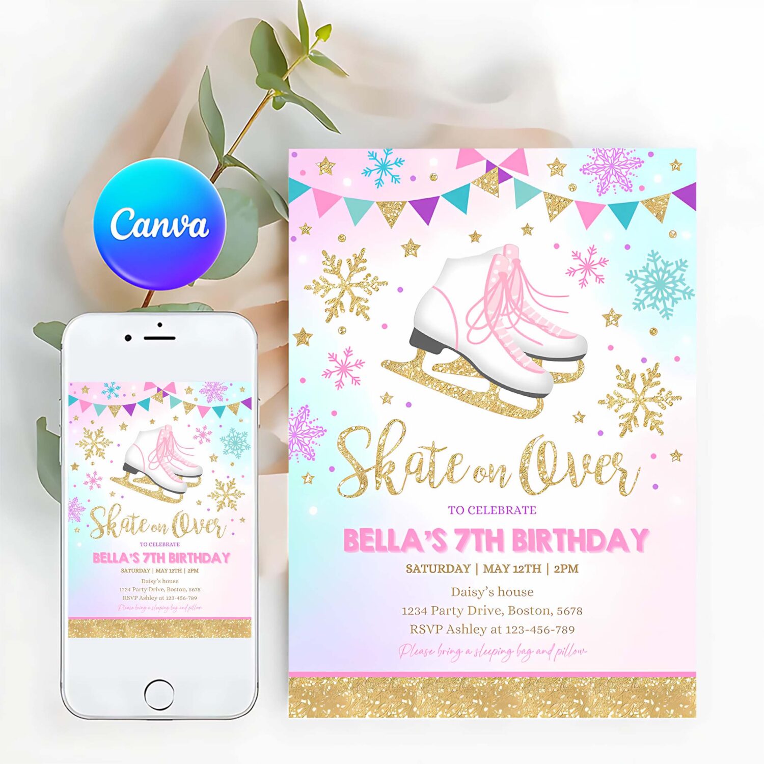 Ice skating invitation ice skating birthday invite pink gold ice skating party skate party skating party