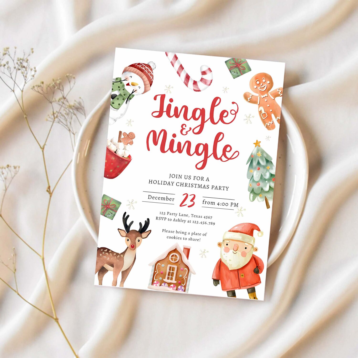 Jingle and mingle holiday party christmas santa invitation v28j 1