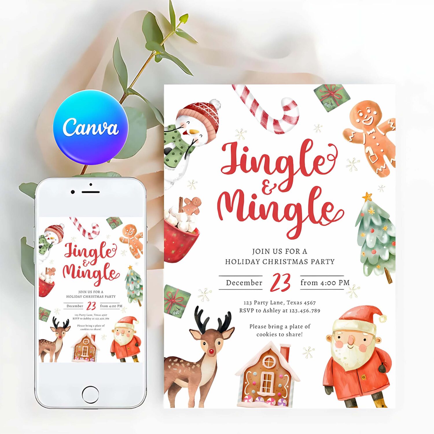 Jingle and mingle holiday party christmas santa invitation v28j