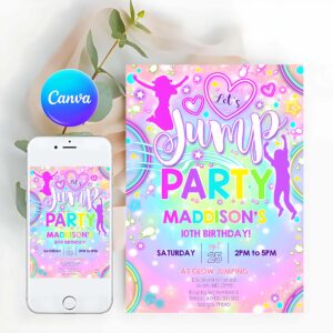 Tie Dye Invitation, Jump Birthday Invitation, Jump Tie Dye Neon Invitation, Bounce Invitation, Trampoline Party Jump Neon Party