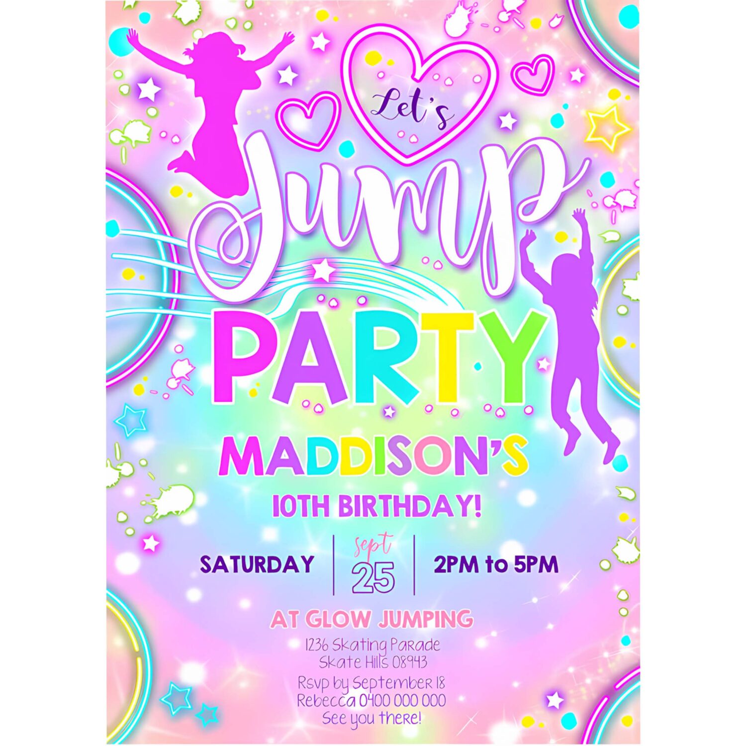 Jump birthday invitation jump tie dye neon invitation bounce invitation trampoline party jump neon party 4